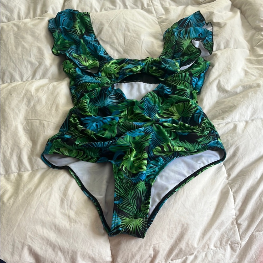 Tropical Green One-Piece Swimsuit. Cut out on the front.